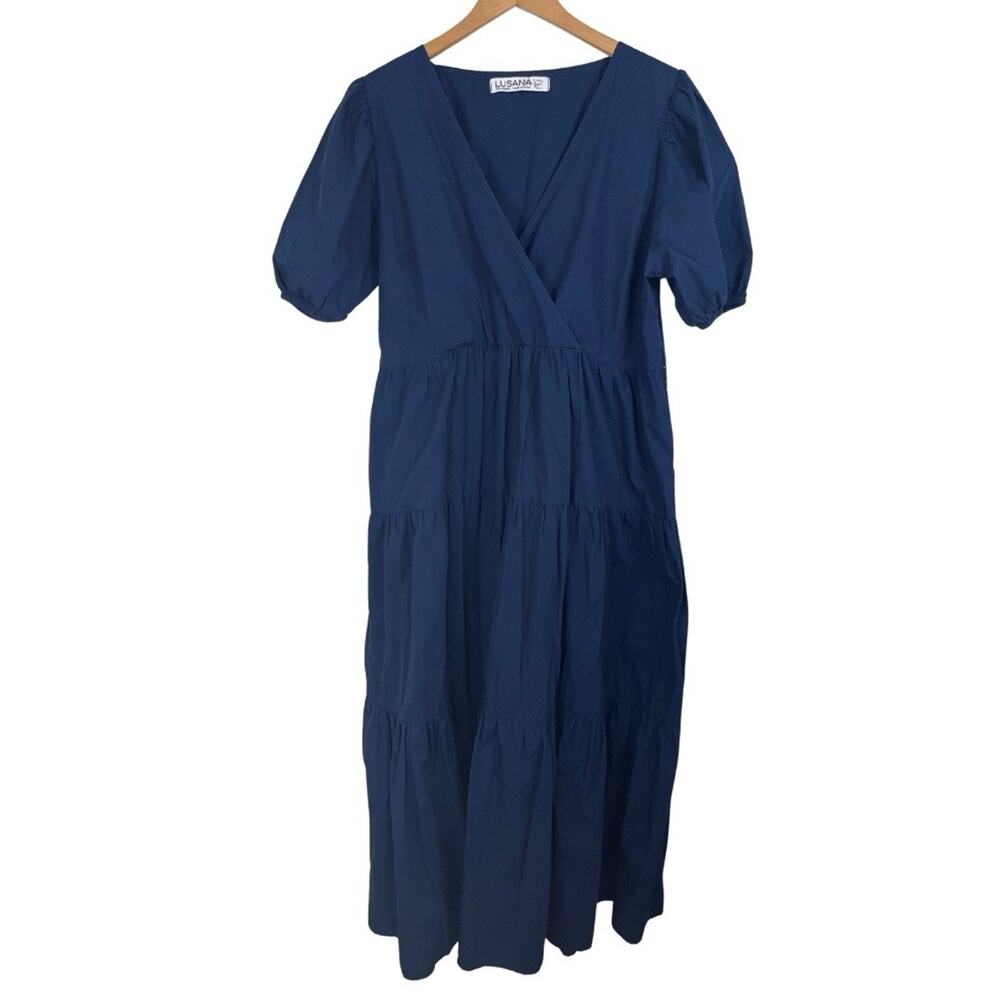 Lusana Tiered Surplice Puff Sleeve Midi Dress Womens Size 8 Navy Cotton
